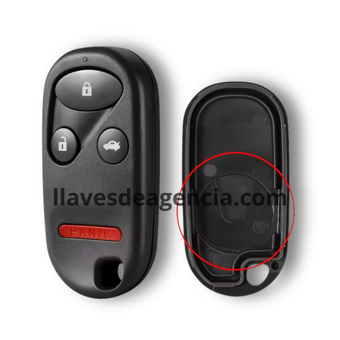 Carcasa de reemplazo para control remoto tipo llavero Honda Accord, Civic, CR-V, Jazz, S2000, Fit, Odyssey, diseño de 4 botones: abrir, cerrar, cajuela y pánico, batería unida a la tarjeta verde electrónica del control remoto, sin llave integrada, cuelga como llavero