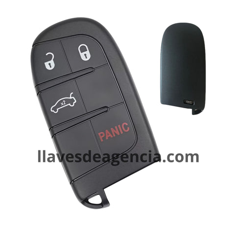 Carcasa de reemplazo para llave inteligente Smart Key 4 botones cerrar abrir cajuela pánico compatible con Jeep Renegade Grand Cherokee Dodge Charger Journey Chrysler 300 200 Challenger 2019 en adelante, incluye lámina virgen sin cortar, repuesto aftermarket de alta calidad