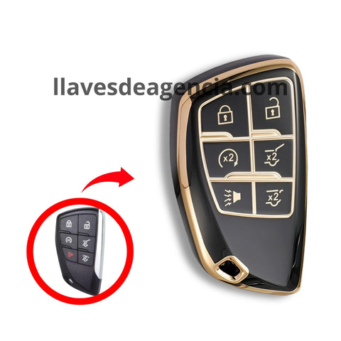 Funda brillante TPU negra con iconos dorados para llave inteligente smart key Chevrolet GMC Buick 6 botones Yukon Tahoe Suburban Terrain Envision arranque remoto cristal trasero pánico