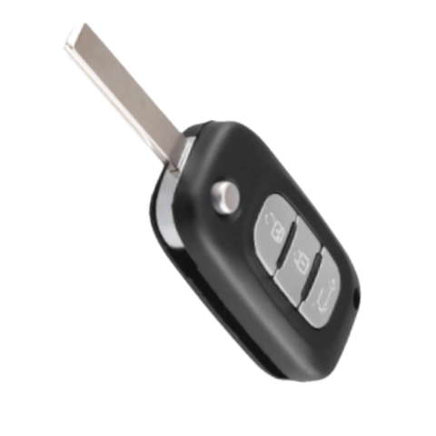 Vista detalle del mecanismo abatible plegable de carcasa llave navaja flip Renault 3 botones cerrar abrir cajuela, mostrando llave desplegada compatible con Fluence, Megane, Laguna, Scenic, Clio, Kangoo 2009-2015, base de metal resistente, repuesto de calidad