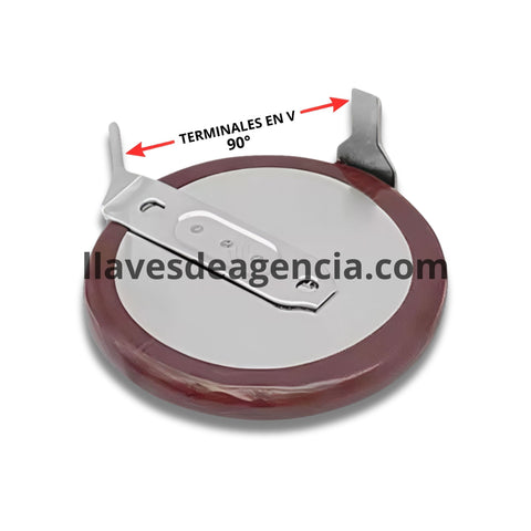 Batería recargable LIR2020 3.6V con terminales soldables en V a 90 grados y aislamiento café para llaves inteligentes Land Rover BMW