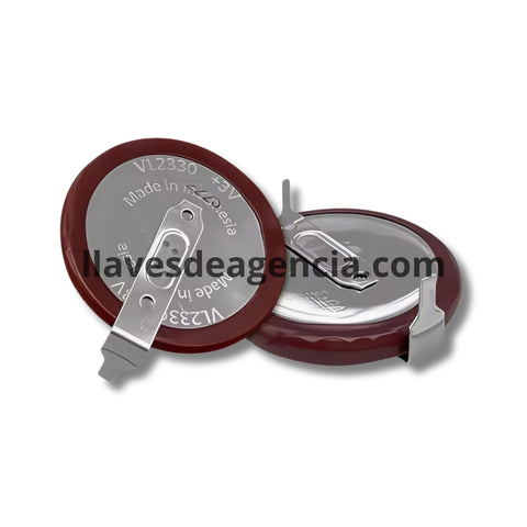 Detalle de batería recargable VL2330 mostrando terminales soldables paralelas a 180 grados con aislamiento color café