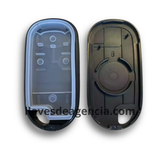 Vista interior de carcasa para control remoto tipo llavero Honda Civic, CR-V, Accord, Jazz, mostrando compartimento de placa electrónica y espacio para batería en el centro de la tapa trasera, 3 botones de goma