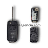 Carcasa de repuesto llave abatible tipo navaja flip para Volkswagen Golf Jetta Passat Tiguan Beetle Touareg Skoda Octavia con 3 botones internos blancos abrir cerrar cajuela, punto LED blanco visible en exterior esquina superior derecha que cambia a rojo al presionar botones, incluye hoja virgen bronce níquel