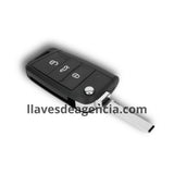 Vista lateral de carcasa llave abatible Volkswagen Golf MK7 Jetta Passat Skoda Octavia Seat León mostrando mecanismo abatible con llave física desplegada, 3 botones, perfil HU162T bronce níquel