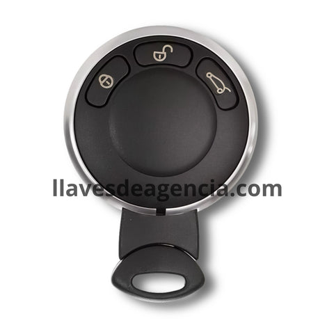 Vista frontal de carcasa llave Mini Cooper con 3 botones abrir cerrar cajuela, compatible con modelos R56 R57 R58 Cabrio R60 R61 One D Clubman