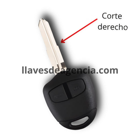Carcasa de reemplazo para llave Mitsubishi 2 botones abrir cerrar con corte derecho compatible con L200 2008-2020 y Grandis 2004-2010, incluye lámina virgen sin cortar, material ABS resistente, repuesto de calidad