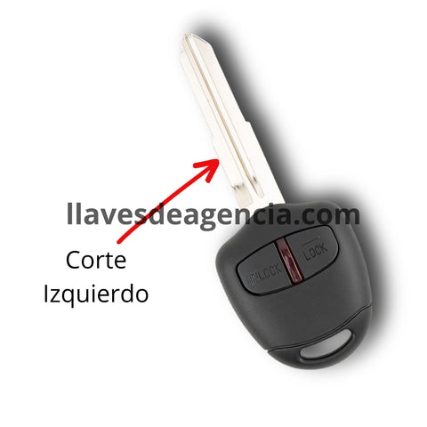 Carcasa de reemplazo para llave Mitsubishi 2 botones abrir cerrar con corte izquierdo compatible con Grandis 2004-2010 y L200 2008-2020, incluye lámina virgen sin cortar, material ABS resistente, repuesto de calidad