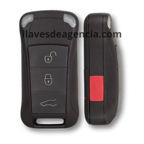 Detalle de carcasa llave Porsche 4 botones mostrando membrana impermeable protectora en el cierre contra agua mojadas y caídas