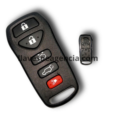Carcasa de reemplazo para control remoto Nissan con 5 botones especiales incluyendo cerrar, abrir, puerta lateral derecha corrediza, cajuela y pánico, compatible con Altima, Maxima, 350Z, Armada, Quest 2004-2009, material ABS negro mate, control tipo llavero sin llave física, diseñada para vehículos con puerta eléctrica corrediza
