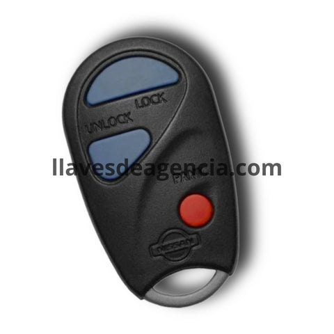 Detalle de carcasa de reemplazo para control remoto Nissan e Infiniti mostrando 4 botones cerrar abrir cajuela pánico, proceso de instalación, compatible con Sunny, Sentra, Maxima, Altima, Cefiro, 350Z, I30, G35, I35, G20 2000-2004