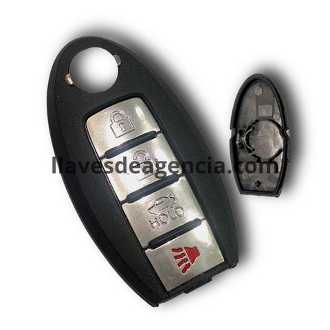 Carcasa de reemplazo para llave de presencia inteligente Nissan con 4 botones abrir cerrar cajuela pánico, compatible con Altima, Maxima, Sentra, Versa, Rogue, Murano, X-Trail, Pathfinder, Armada, Juke, Sunny, Teana, Sylphy, Tiida, lámina de contacto batería orientación izquierda, material ABS negro mate