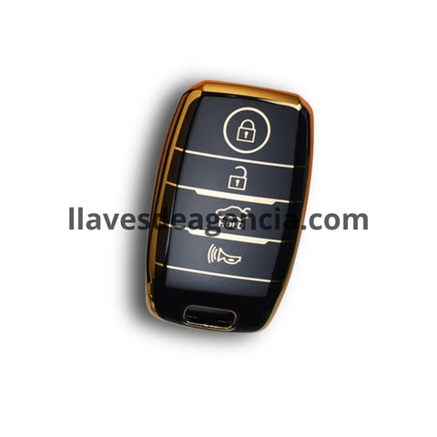 Funda protectora TPU negro brillante con líneas e iconos dorados para llave inteligente de 4 botones cerrar abrir cajuela pánico compatible con KIA Rio Sportage Ceed Cerato K3 KX3 K4 K5 Sorento Optima Picanto resistente al agua golpes caídas y arañazos con acabado premium elegante suave al tacto