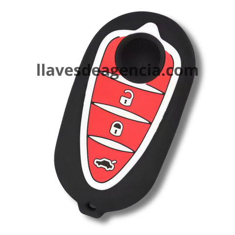 Funda Silicona Premium para Llave Flip Alfa Romeo 3 Botones Abrir Cerrar Cajuela - Diseño Negro con Centro Rojo y Líneas Blancas - Protección Antiderrapante