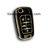 Funda brillante con líneas doradas e iconos dorados elegante para llave de 5 botones cerrar abrir cajuela arrancador remoto a distancia pánico compatible con Chevrolet Cruze Camaro Sonic Malibu Equinox Impala Tahoe Onix Buick Encore GMC Terrain Opel Zafira Antara con acabado premium negro brillante y detalles dorados