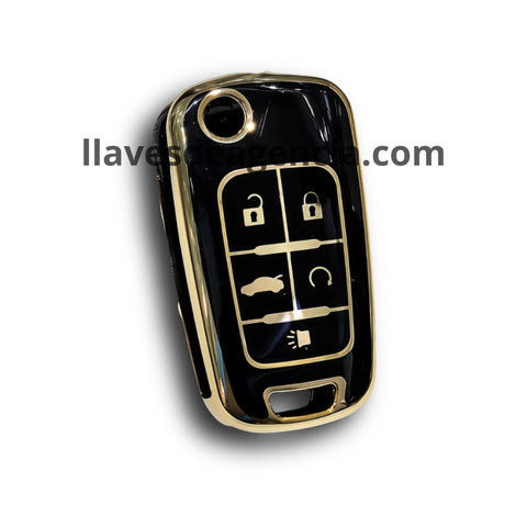 Funda brillante con líneas doradas e iconos dorados elegante para llave de 5 botones cerrar abrir cajuela arrancador remoto a distancia pánico compatible con Chevrolet Cruze Camaro Sonic Malibu Equinox Impala Tahoe Onix Buick Encore GMC Terrain Opel Zafira Antara con acabado premium negro brillante y detalles dorados