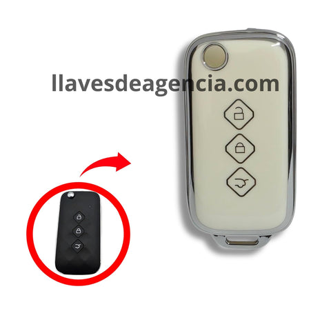 Funda brillante TPU blanca con iconos dorados para llave abatible navaja Chevrolet Aveo Trax Groove Captiva Wuling Baojun 3 botones abrir cerrar cajuela acabado espejo premium
