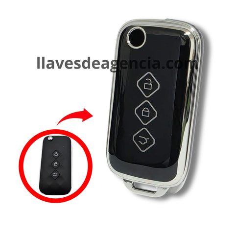 Funda brillante TPU negra con iconos dorados para llave abatible navaja Chevrolet Aveo Trax Groove Captiva Wuling Baojun 3 botones abrir cerrar cajuela acabado espejo premium