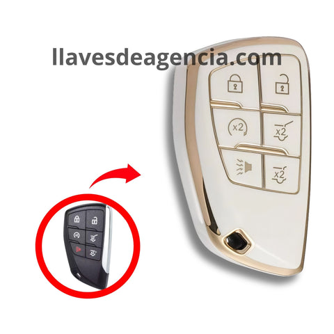 Funda brillante TPU blanca con iconos dorados para llave inteligente smart key Chevrolet GMC Buick 6 botones Yukon Tahoe Suburban Terrain Envision arranque remoto cristal trasero pánico