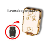 Funda brillante TPU blanca con iconos dorados para llave de presencia Chevrolet GMC 4 botones Silverado Cheyenne Colorado Canyon Sierra Tahoe Yukon arranque remoto y pánico