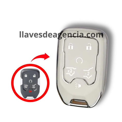 Funda brillante TPU blanca con líneas e iconos dorados para llave de presencia Chevrolet GMC 6 botones Silverado Sierra Suburban Tahoe Yukon Acadia Terrain arranque remoto