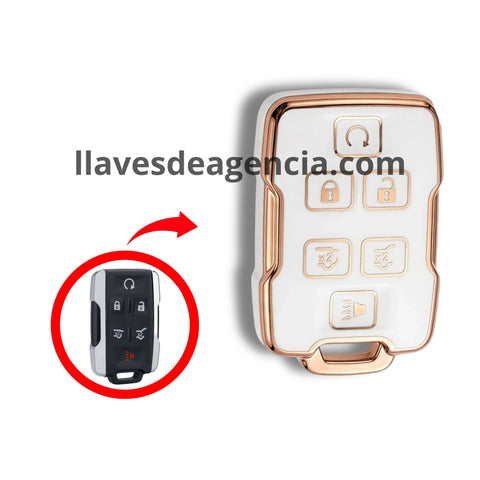 Funda brillante TPU blanca con iconos dorados para llave de presencia Chevrolet GMC SUV 6 botones Suburban Tahoe Yukon Traverse Equinox Acadia Terrain cristal trasero arranque remoto