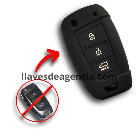 Funda protectora de silicón antiderrapante grado horno para llave abatible tipo navaja flip Hyundai 3 botones abrir cerrar cajuela color negro resistente a altas temperaturas compatible con Accent