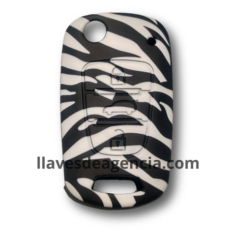 Funda protectora de silicona con diseño animal print cebra para llave tipo navaja abatible Kia y Hyundai de 3 botones, antideslizante resistente a mojadas y fácil de limpiar, compatible con Sportage Sorento Tucson Santa Fe