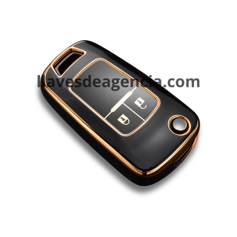 Funda protectora TPU abatible navaja Chevrolet Trax Tornado Aveo Spark 2 botones negro brillante iconos dorados resistente agua golpes