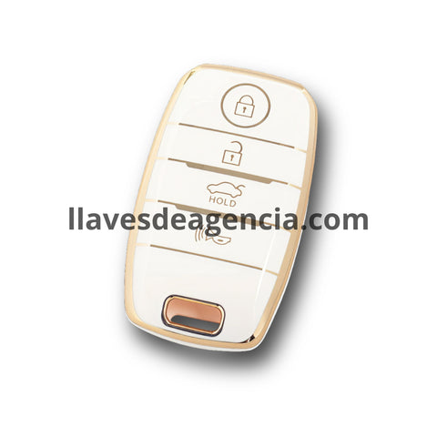 Funda protectora TPU blanco brillante con líneas e iconos dorados para llave inteligente de 4 botones cerrar abrir cajuela pánico compatible con KIA Rio Sportage Ceed Cerato K3 KX3 K4 K5 Sorento Optima Picanto resistente al agua golpes caídas y arañazos con acabado premium elegante suave al tacto