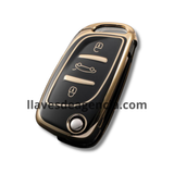 Funda protectora TPU negra con bordes dorados para llave abatible flip key MG de 3 botones cerrar abrir cajuela resistente a caídas y golpes calidad horno premium