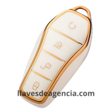Funda protectora TPU premium para llave inteligente BYD 4 botones color blanco brillante con líneas e iconos dorados elegante compatible con Song Plus Atto 3 HAN EV Tang DM Qin Seal Dolphin vista detallada