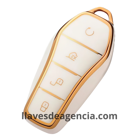 Funda protectora TPU premium para llave inteligente BYD 4 botones color blanco brillante con líneas e iconos dorados elegante compatible con Song Plus Atto 3 HAN EV Tang DM Qin Seal Dolphin vista detallada