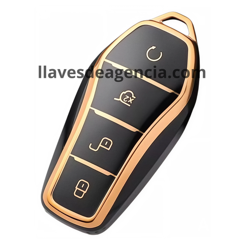 Funda protectora TPU premium para llave inteligente BYD 4 botones color negra con líneas e iconos dorados brillantes elegante y moderna compatible con Song Plus Atto 3 HAN EV Tang DM Qin Seal Dolphin vista detallada