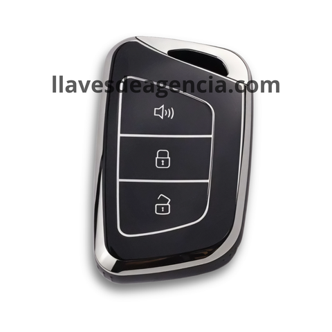Funda protectora TPU para llave MG 3 botones color negro con bordes plateados, material poliuretano termoplástico resistente al agua, caídas y arañazos