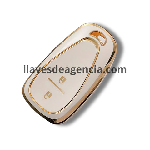 Funda protectora TPU smart key keyless Chevrolet Cruze Spark Sonic Camaro Bolt Volt Trax Orlando 2 botones blanco brillante detalles dorados