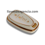Funda protectora TPU smart key keyless Chevrolet Trax Equinox sedán 4 botones abrir cerrar cajuela pánico blanco brillante iconos dorados