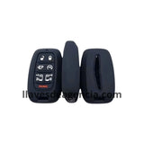 Vista detallada de funda protectora de silicón para llave inteligente Chrysler Pacifica Dodge Voyager mostrando los 7 botones: bloqueo, desbloqueo, puertas laterales corredizas izquierda y derecha, arranque remoto, cajuela y pánico