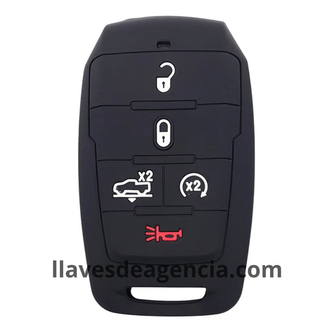 Funda protectora de silicón antideslizante color negro para llave inteligente de presencia Dodge Ram 1500 2500 TRX Chrysler 5 botones con bloqueo desbloqueo arranque remoto cajuela y pánico 2020 2021, resistente al agua y altas temperaturas