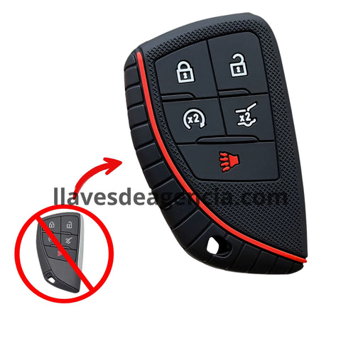 Funda de silicón antideslizante grado horno para llave inteligente de 5 botones cerrar abrir arrancador remoto cajuela pánico compatible con GMC Sierra EV Canyon Yukon y Chevrolet Silverado 1500 2500HD 3500HD Tahoe Traverse Acadia Equinox 2024-2025 con protección resistente a altas temperaturas