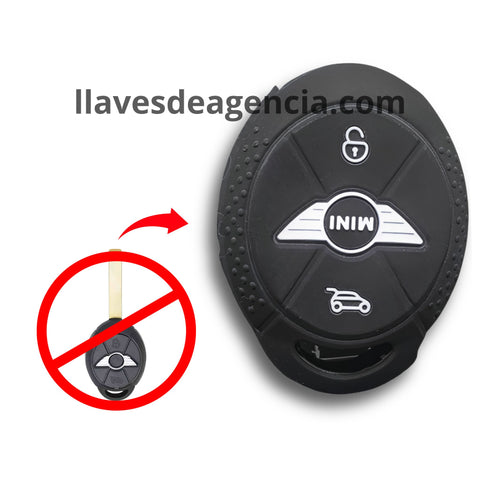 Funda de silicón negra para llave Mini Cooper R50 R52 R53 S 2002-2006 con 2 botones, vista frontal mostrando protección resistente a golpes y agua