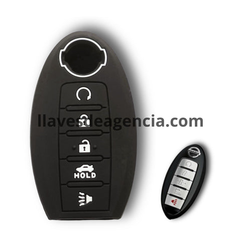Funda protectora de silicón negro antideslizante para llave de presencia inteligente Nissan e Infiniti con 5 botones incluyendo arranque remoto, cerrar, abrir, cajuela y pánico, compatible con Sentra, Altima, Murano, Pathfinder, Maxima, Rogue, Qashqai, X-Trail, QX60, JX35 2013-2017, calidad de horno resistente a altas temperaturas