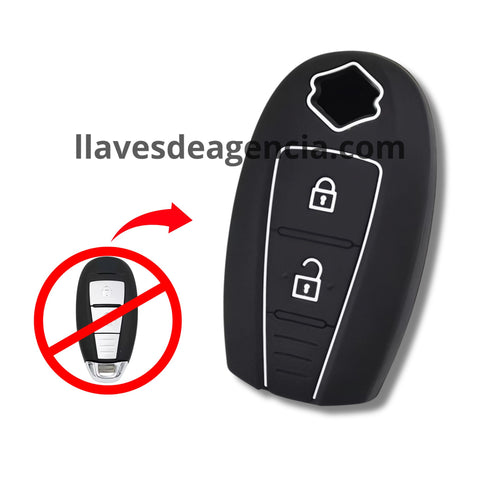 Detalle de funda protectora silicona para llave presencia Suzuki mostrando material antiderrapante negro resistente a caídas golpes y agua