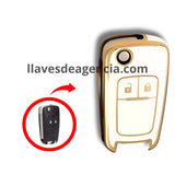 Funda TPU abatible 2 botones Chevrolet Trax Tornado Aveo Spark blanco brillante líneas iconos dorados abrir cerrar
