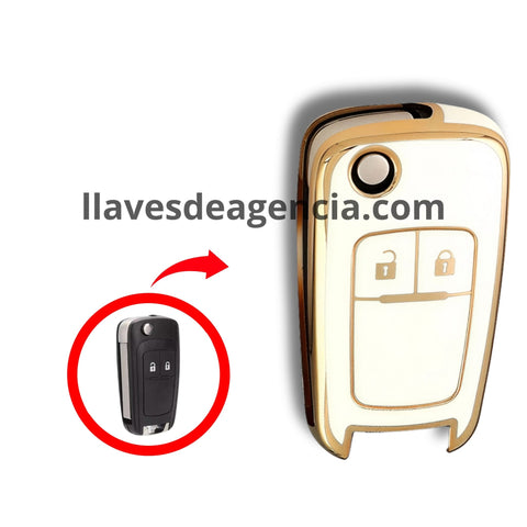 Funda TPU abatible 2 botones Chevrolet Trax Tornado Aveo Spark blanco brillante líneas iconos dorados abrir cerrar