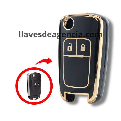Funda TPU abatible 2 botones Chevrolet Trax Tornado Aveo Spark negro brillante líneas iconos dorados abrir cerrar
