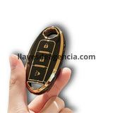 Funda protectora de TPU brillante negro con detalles dorados para llave de presencia inteligente Nissan con 3 botones abrir cerrar pánico, compatible con Maxima, Altima, Versa, Sentra, Qashqai, X-Trail, Juke, Leaf, acabado suave resistente al agua