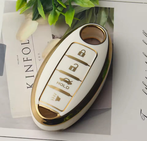 Funda protectora de TPU brillante blanco con líneas doradas para llave de presencia inteligente Nissan con 4 botones abrir cerrar cajuela pánico, compatible con Leaf, Micra, Sentra, X-Trail, Qashqai, Versa, Note, Patrol, Maxima, Altima, acabado suave resistente al agua
