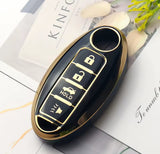 Funda protectora de TPU brillante negro con líneas doradas para llave de presencia inteligente Nissan con 4 botones abrir cerrar cajuela pánico, compatible con Leaf, Micra, Sentra, X-Trail, Qashqai, Versa, Note, Patrol, Maxima, Altima, acabado suave resistente al agua