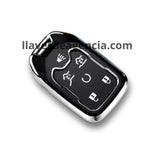 Detalle de funda protectora TPU negro brillante con iconos dorados para llave de presencia Chevrolet GMC 6 botones acabado espejo premium elegante y exclusivo